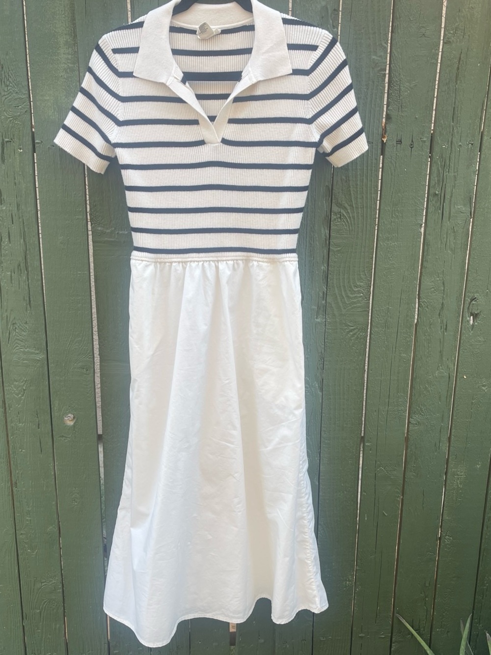 Nicole Miller Navy Stripe Knit Polo Top with White Midi Skirt